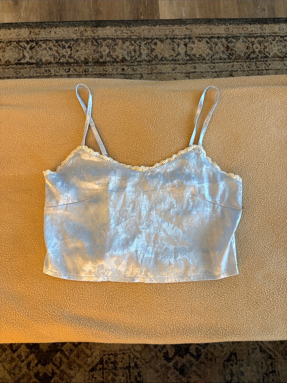 ROMWE Light Blue Satin Lace-Trim Cami Crop Top